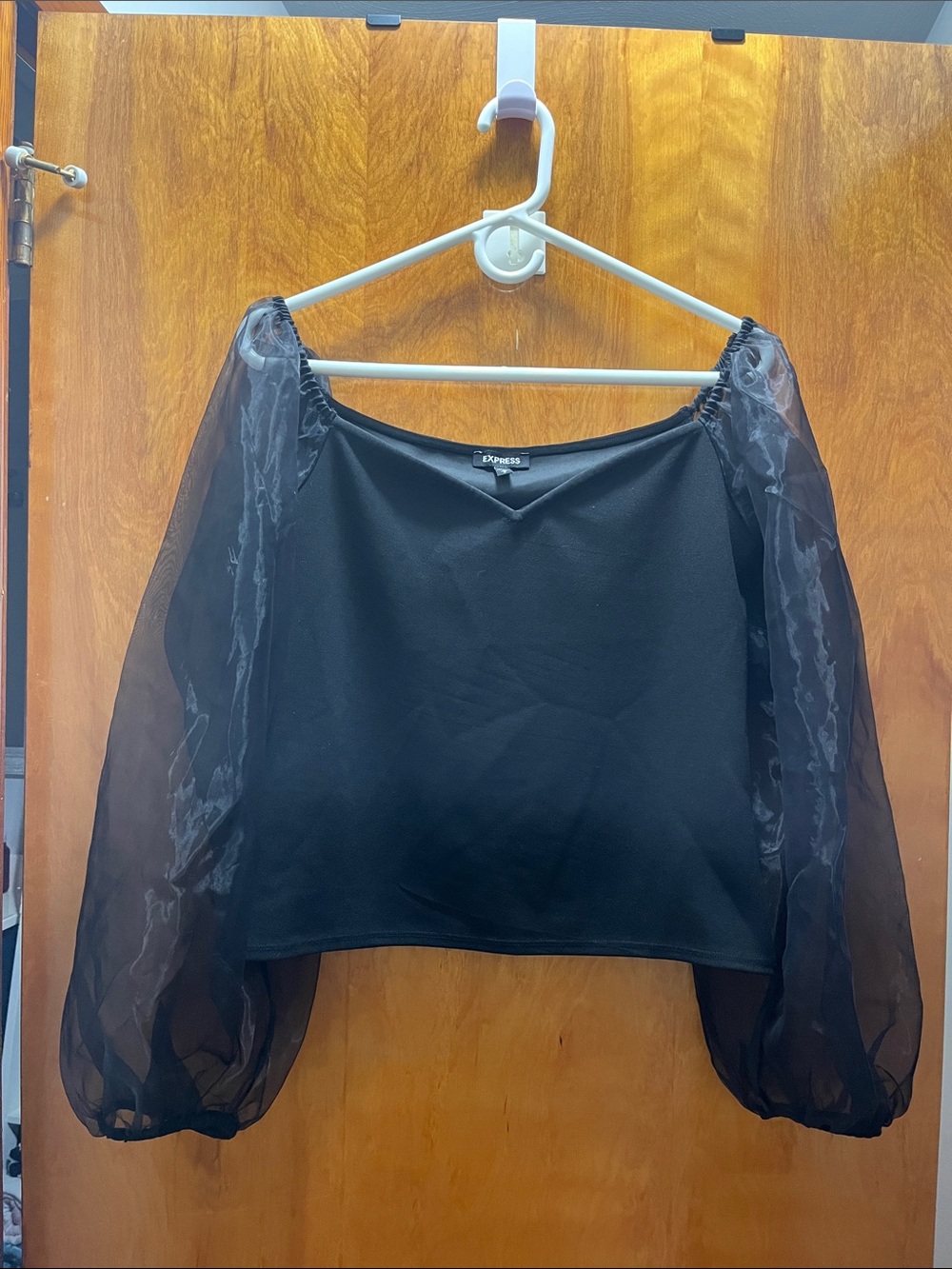 Express Black Sheer Balloon Sleeve Off-Shoulder Crop Top